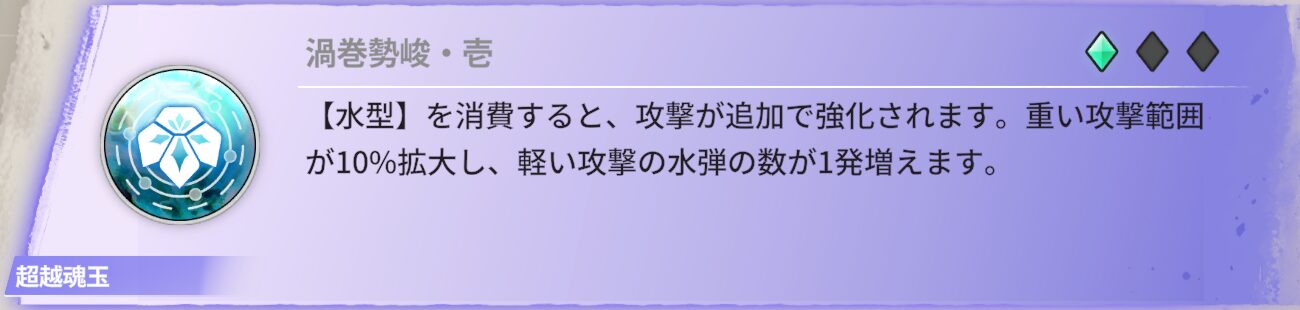 【水型】を消費すると、攻撃が追加で強化されます。重攻撃範囲が10%拡大し、軽攻撃の水弾の数が1発増えます。