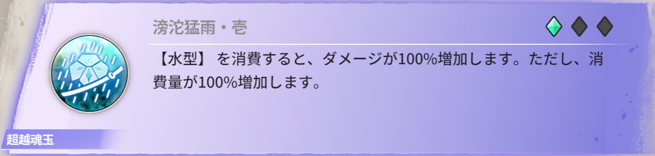 【水型】を消費すると、ダメージが100%増加します。ただし、消費量が100%増加します。