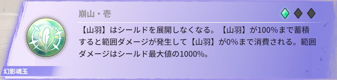 【山羽】はシールドを展開しなくなる。【山羽】が100%まで蓄積すると範囲ダメージが発生して【山羽】が0%まで消費される。範囲ダメージはシールド最大値の1000%。