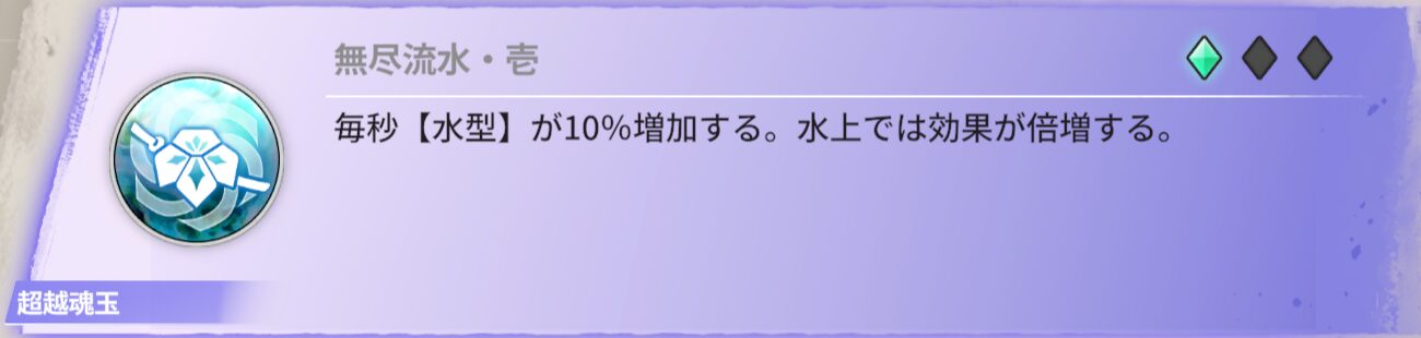 毎秒【水型】が10%増加する。水上では効果が倍増する。