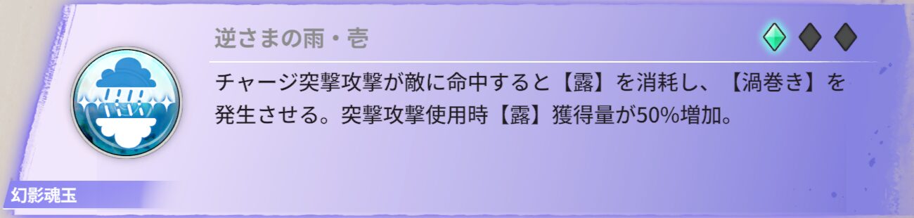 チャージ突撃攻撃が敵に命中すると【露】を消耗し、【渦巻き】を発生させる。突撃攻撃使用時【露】獲得量が50％増加