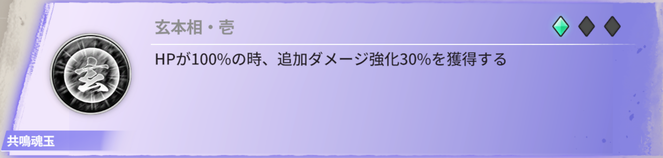 HPが100%の時、追加ダメージ強化30％を獲得する。