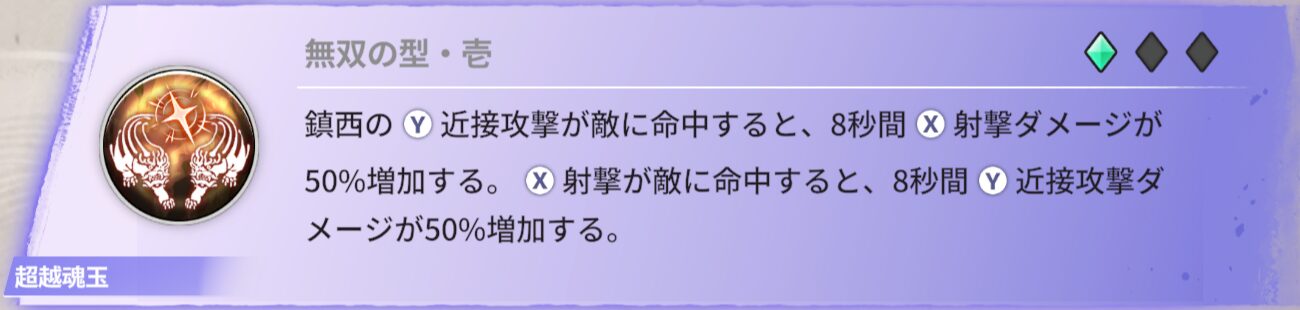 鎮西の近接攻撃が敵に命中すると、8秒間射撃ダメージが50％増加する。射撃が敵に命中すると、8秒間近接ダメージが50％増加する。