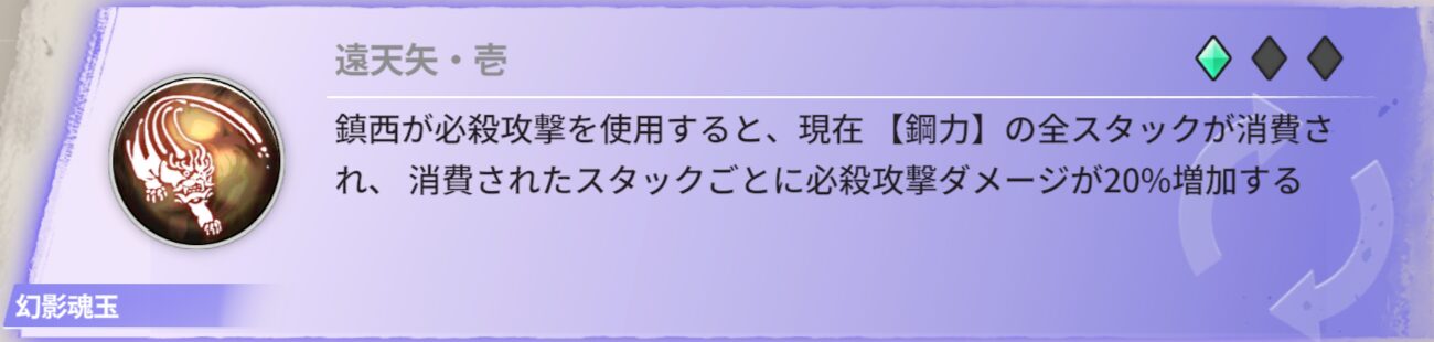 鎮西が必殺攻撃を使用すると、現在【鋼力】の全スタックを消費され、消費されたスタックごとに必殺攻撃ダメージが20%増加する。