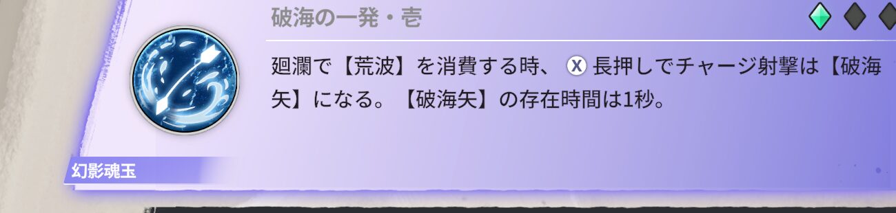 廻瀾で【荒波】を消費する時、チャージ射撃は【破海矢】になる。【破海矢】の存在時間は1秒。