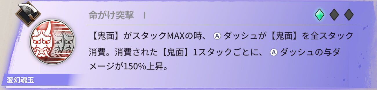 【鬼面】がスタックMAXの時、ダッシュは全ての【鬼面】を消費し、消費された【鬼面】1スタックごとにダッシュダメージが150％増加する。