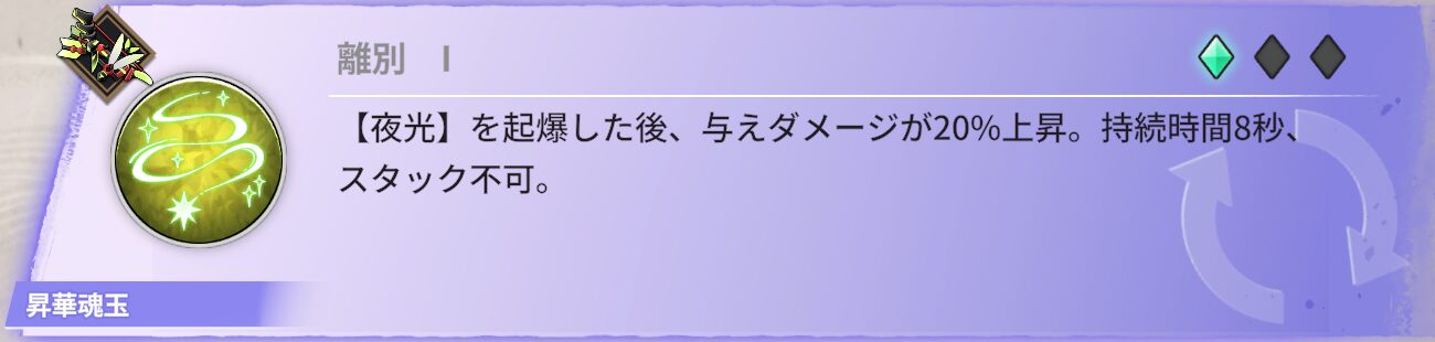 【夜光】を起爆した後、8秒間ダメージが20%増加する。スタック不可。