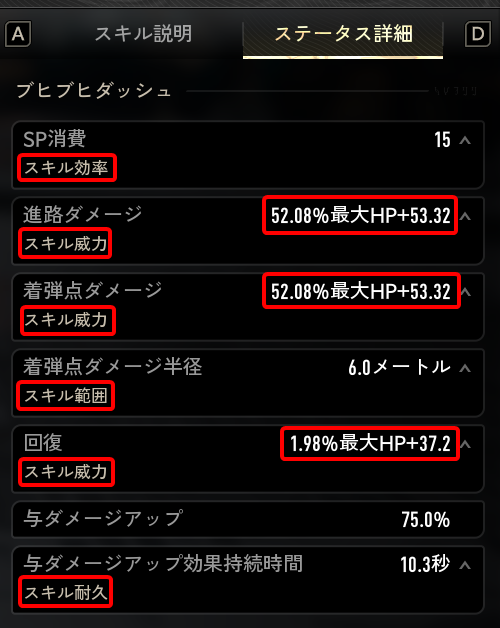 スキルのステータス詳細を確認する